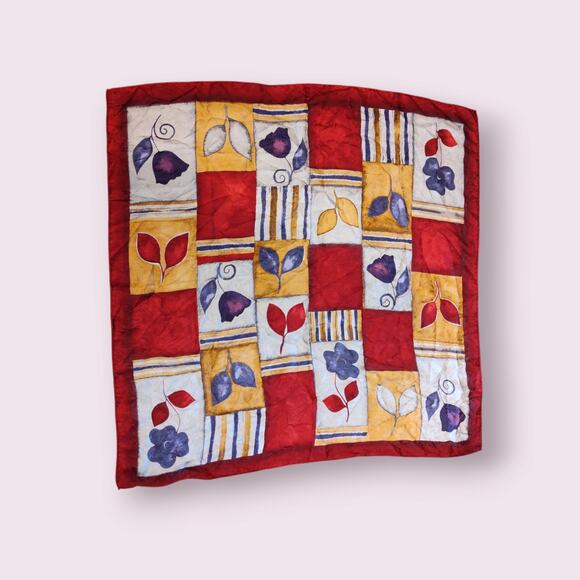 Italian Colorful 100% Silk Scarf Floral/ Checkered Pattern Made in‎ Italy - Picture 1 of 7